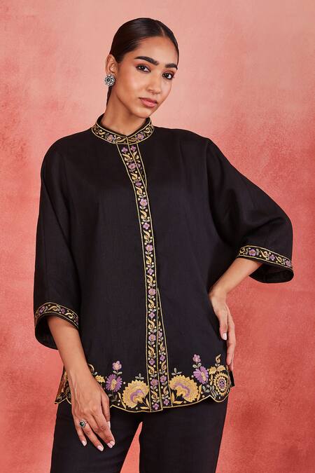 Sue Mue Black Linen Embroidery Bandeau Neck Kiya Resham Placement Shirt And Pant Set Online at Aza Fashions Sue Mue_Black Linen Embroidery Bandeau Neck Kiya Resham Placement Shirt And Pant Set _Online_at_Aza_Fashions