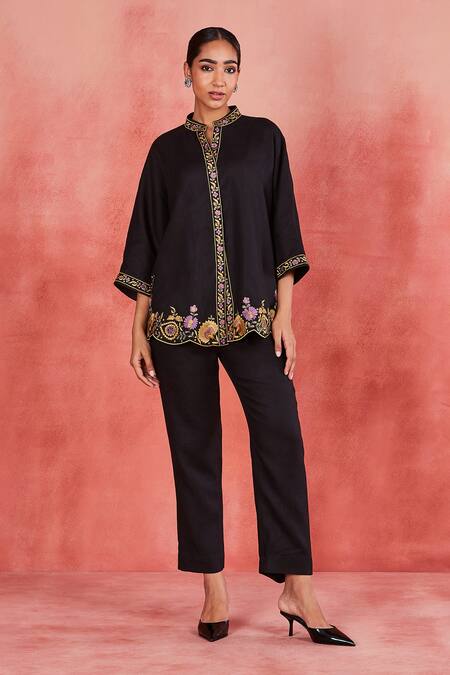 Shop Sue Mue Black Linen Embroidery Bandeau Neck Kiya Resham Placement Shirt And Pant Set Online at Aza Fashions Shop_Sue Mue_Black Linen Embroidery Bandeau Neck Kiya Resham Placement Shirt And Pant Set _Online_at_Aza_Fashions