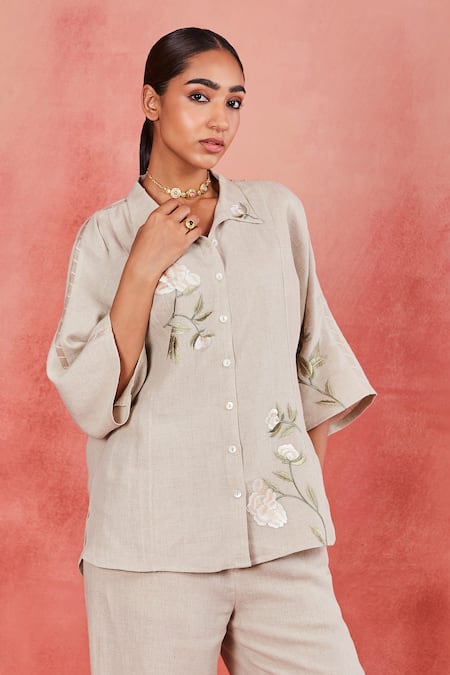Sue Mue_Beige Linen Embroidery Collared Lara Floral Placement Shirt And Pant Set _Online_at_Aza_Fashions