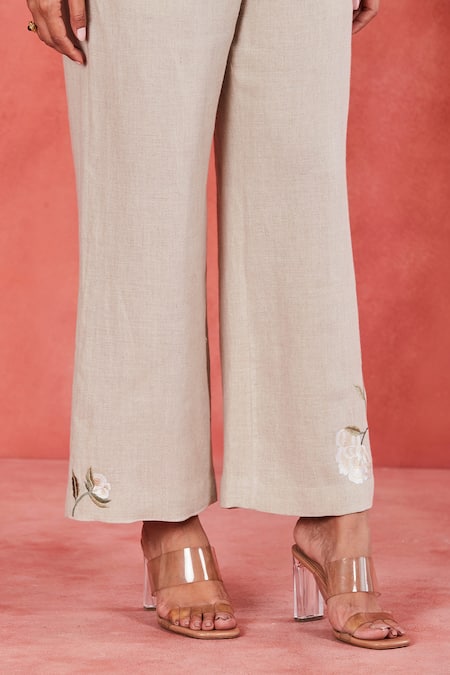Buy_Sue Mue_Beige Linen Embroidery Collared Lara Floral Placement Shirt And Pant Set _Online_at_Aza_Fashions