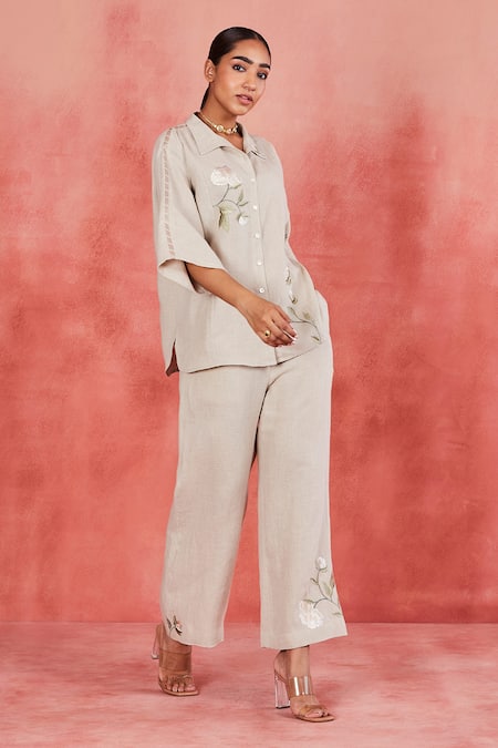 Sue Mue_Beige Linen Embroidery Collared Lara Floral Placement Shirt And Pant Set _at_Aza_Fashions