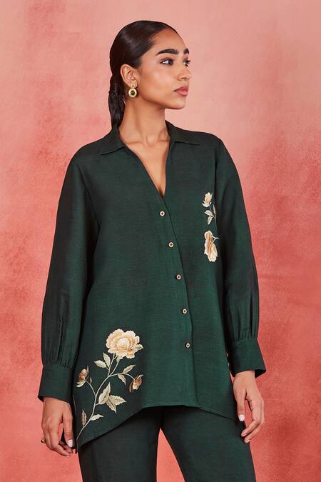 Sue Mue Green Linen Embroidery Collared Meeli Flower Placement Shirt And Pant Set Online at Aza Fashions Sue Mue_Green Linen Embroidery Collared Meeli Flower Placement Shirt And Pant Set _Online_at_Aza_Fashions