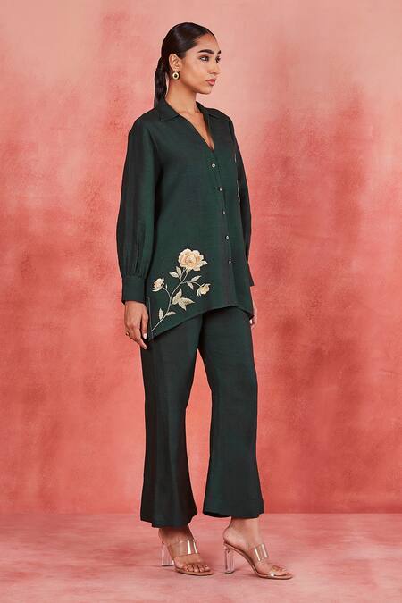 Shop Sue Mue Green Linen Embroidery Collared Meeli Flower Placement Shirt And Pant Set Online at Aza Fashions Shop_Sue Mue_Green Linen Embroidery Collared Meeli Flower Placement Shirt And Pant Set _Online_at_Aza_Fashions