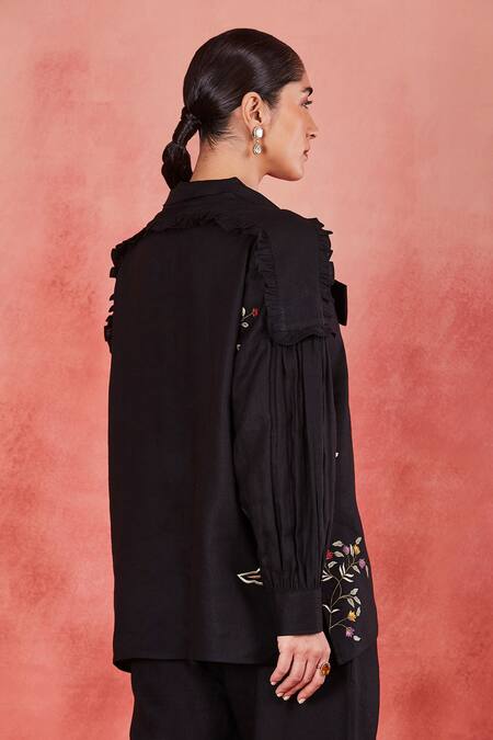 Shop Sue Mue Black Linen Embroidery Round Neck Raha Floral Vine Shirt And Pant Set Online at Aza Fashions Shop_Sue Mue_Black Linen Embroidery Round Neck Raha Floral Vine Shirt And Pant Set _Online_at_Aza_Fashions