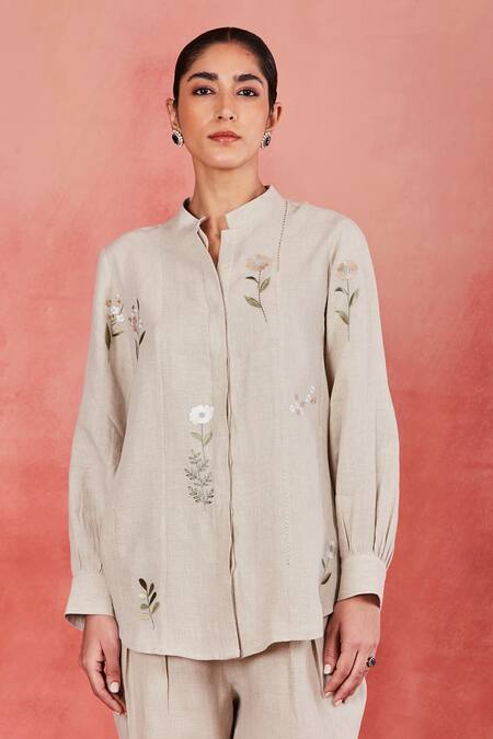 Sue Mue_Beige Linen Embroidery Mandarin Collar Vara Garden Shirt And Pant Set _Online_at_Aza_Fashions
