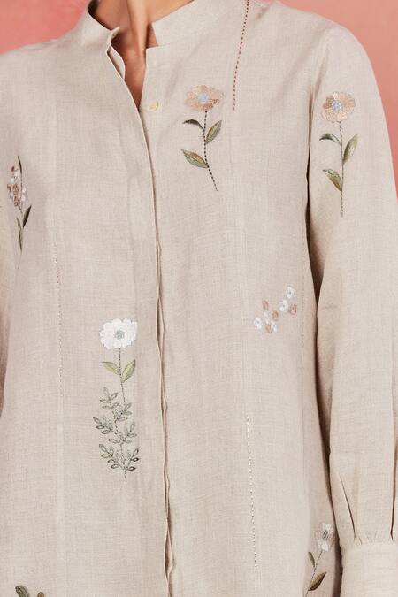 Buy_Sue Mue_Beige Linen Embroidery Mandarin Collar Vara Garden Shirt And Pant Set _Online_at_Aza_Fashions