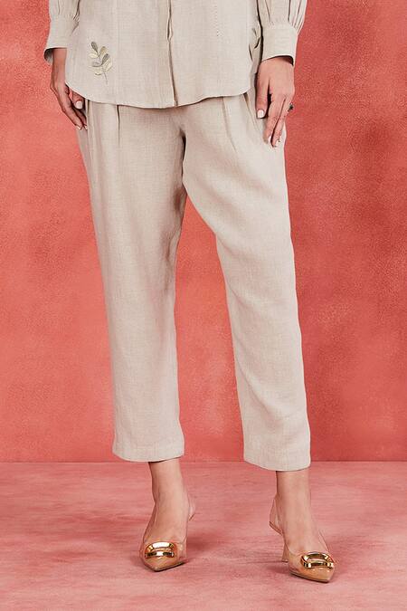 Shop_Sue Mue_Beige Linen Embroidery Mandarin Collar Vara Garden Shirt And Pant Set _Online_at_Aza_Fashions