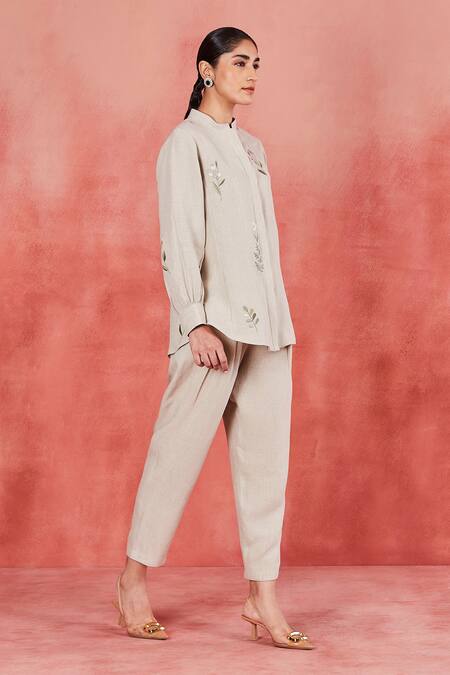 Sue Mue_Beige Linen Embroidery Mandarin Collar Vara Garden Shirt And Pant Set _at_Aza_Fashions