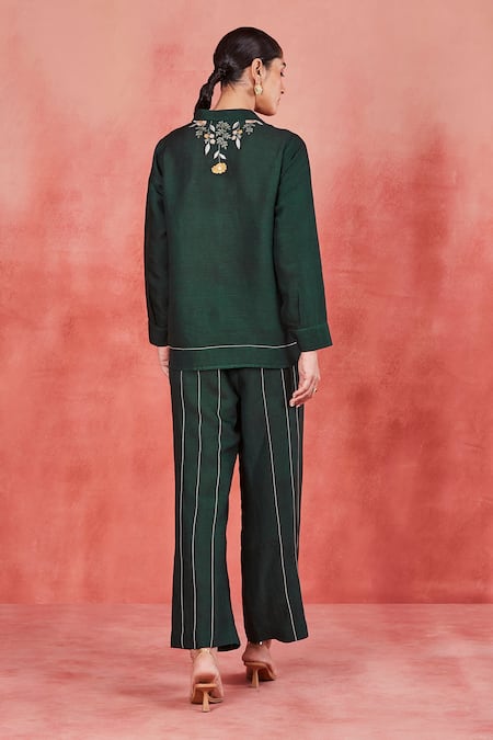 Sue Mue Yana Floral Embroidered Shirt & Pant Set 