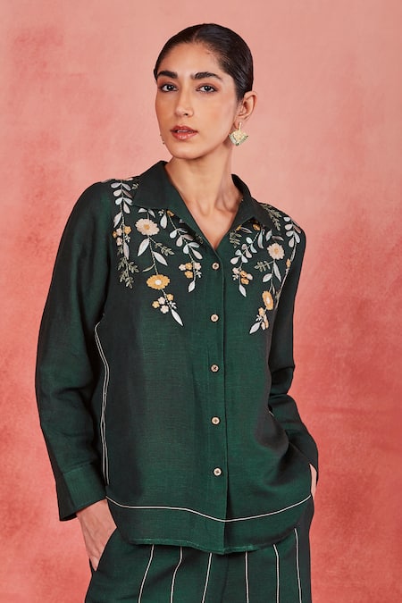 Sue Mue_Green Linen Embroidery Collared Yana Floral Shirt And Pant Set _Online_at_Aza_Fashions