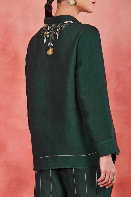Buy_Sue Mue_Green Linen Embroidery Collared Yana Floral Shirt And Pant Set _Online_at_Aza_Fashions
