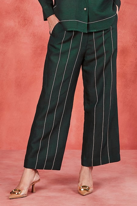 Shop_Sue Mue_Green Linen Embroidery Collared Yana Floral Shirt And Pant Set _Online_at_Aza_Fashions