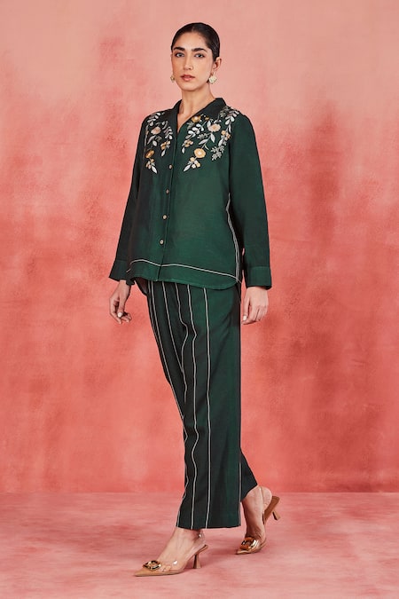 Sue Mue_Green Linen Embroidery Collared Yana Floral Shirt And Pant Set _at_Aza_Fashions