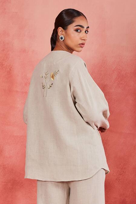 Sue Mue Beige Linen Embroidery Round Neck Dani Dori Shirt And Pant Set Online at Aza Fashions Sue Mue_Beige Linen Embroidery Round Neck Dani Dori Shirt And Pant Set _Online_at_Aza_Fashions