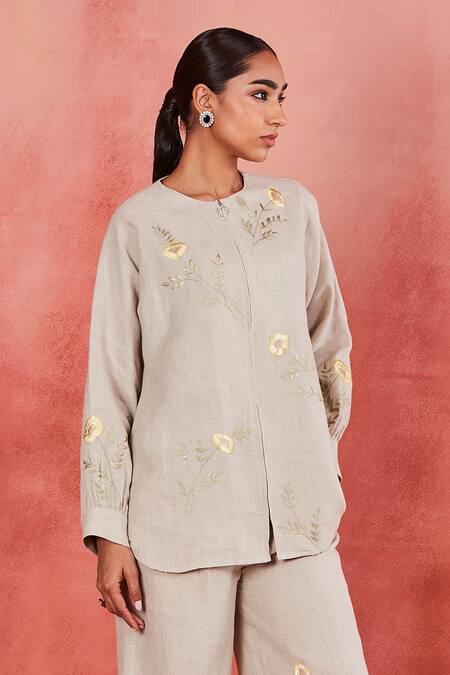 Buy Sue Mue Beige Linen Embroidery Round Neck Dani Dori Shirt And Pant Set Online at Aza Fashions Buy_Sue Mue_Beige Linen Embroidery Round Neck Dani Dori Shirt And Pant Set _Online_at_Aza_Fashions