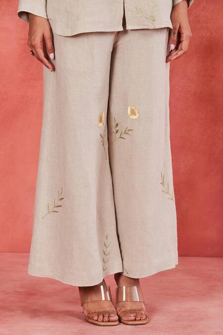 Shop Sue Mue Beige Linen Embroidery Round Neck Dani Dori Shirt And Pant Set Online at Aza Fashions Shop_Sue Mue_Beige Linen Embroidery Round Neck Dani Dori Shirt And Pant Set _Online_at_Aza_Fashions
