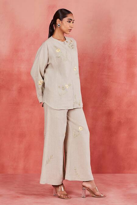 Sue Mue Beige Linen Embroidery Round Neck Dani Dori Shirt And Pant Set at Aza Fashions Sue Mue_Beige Linen Embroidery Round Neck Dani Dori Shirt And Pant Set _at_Aza_Fashions