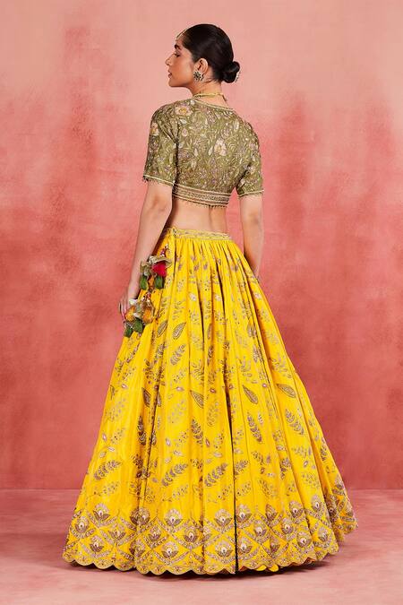 Buy_Sue Mue_Yellow Handloom Cotton, Silk Pearls, Aaliyah Floral Jaal Embroidered Lehenga Set _Online_at_Aza_Fashions