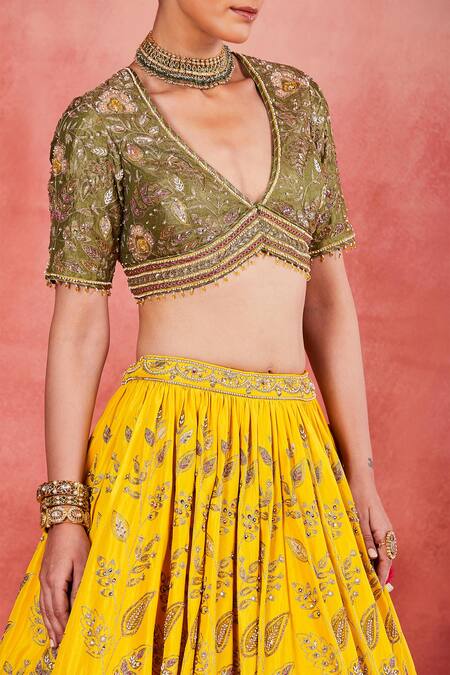Shop_Sue Mue_Yellow Handloom Cotton, Silk Pearls, Aaliyah Floral Jaal Embroidered Lehenga Set _Online_at_Aza_Fashions