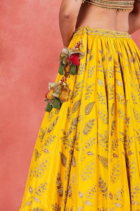 Sue Mue_Yellow Handloom Cotton, Silk Pearls, Aaliyah Floral Jaal Embroidered Lehenga Set _at_Aza_Fashions