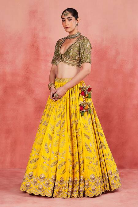 Shop_Sue Mue_Yellow Handloom Cotton, Silk Pearls, Aaliyah Floral Jaal Embroidered Lehenga Set 