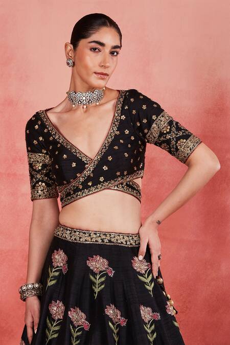 Shop_Sue Mue_Black Silk Organza, Ramie Sequins, Beads, Mariam Floral Embroidered Lehenga Set _Online_at_Aza_Fashions