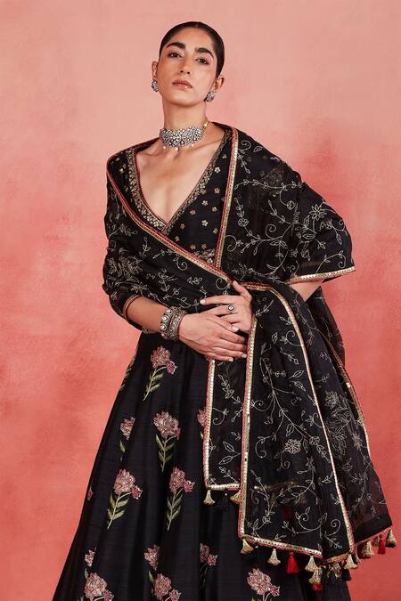 Sue Mue_Black Silk Organza, Ramie Sequins, Beads, Mariam Floral Embroidered Lehenga Set _at_Aza_Fashions