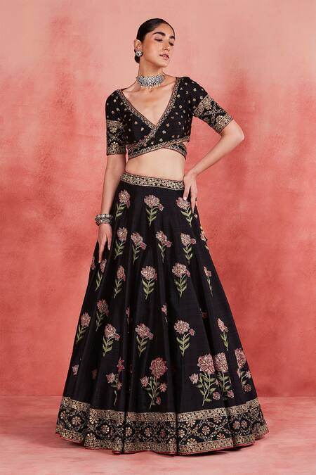 Shop_Sue Mue_Black Silk Organza, Ramie Sequins, Beads, Mariam Floral Embroidered Lehenga Set 