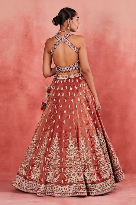 Buy Sue Mue Red Silk Organza, Handloom Cotton Leila Floral Embroidered Lehenga Blouse Set Online at Aza Fashions Buy_Sue Mue_Red Silk Organza, Handloom Cotton Leila Floral Embroidered Lehenga Blouse Set _Online_at_Aza_Fashions