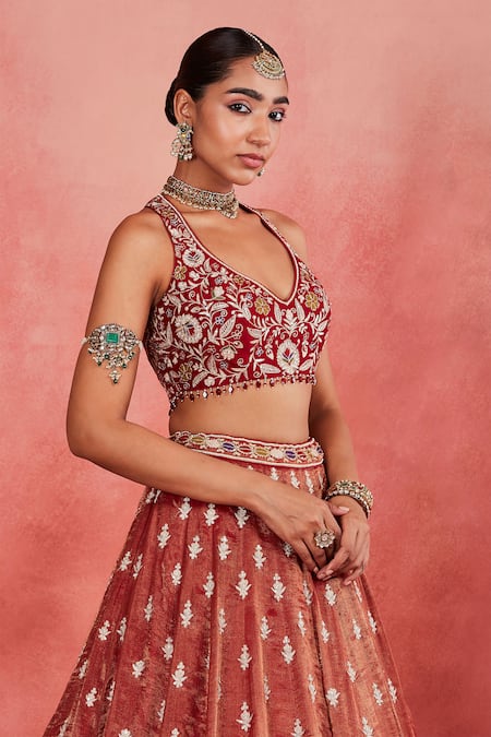 Shop Sue Mue Red Silk Organza, Handloom Cotton Leila Floral Embroidered Lehenga Blouse Set Online at Aza Fashions Shop_Sue Mue_Red Silk Organza, Handloom Cotton Leila Floral Embroidered Lehenga Blouse Set _Online_at_Aza_Fashions