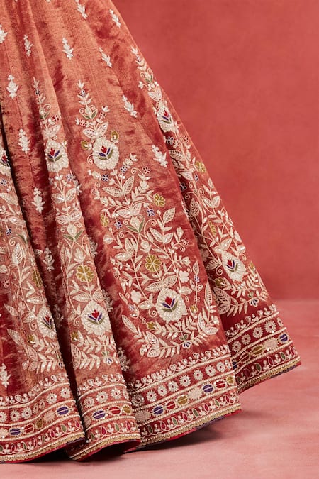 Sue Mue Red Silk Organza, Handloom Cotton Leila Floral Embroidered Lehenga Blouse Set at Aza Fashions Sue Mue_Red Silk Organza, Handloom Cotton Leila Floral Embroidered Lehenga Blouse Set _at_Aza_Fashions