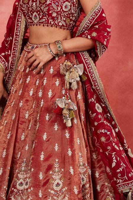 Buy Sue Mue Red Silk Organza, Handloom Cotton Leila Floral Embroidered Lehenga Blouse Set Buy_Sue Mue_Red Silk Organza, Handloom Cotton Leila Floral Embroidered Lehenga Blouse Set