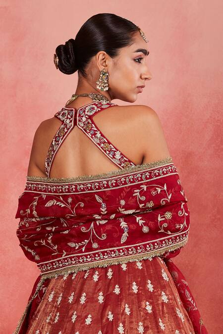 Shop Sue Mue Red Silk Organza, Handloom Cotton Leila Floral Embroidered Lehenga Blouse Set Shop_Sue Mue_Red Silk Organza, Handloom Cotton Leila Floral Embroidered Lehenga Blouse Set