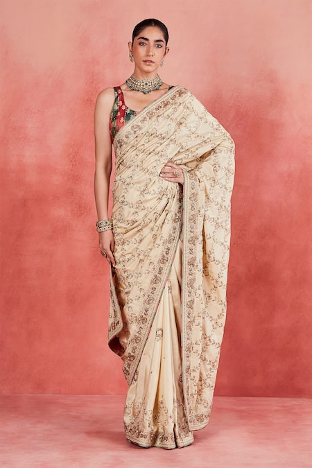 Sue Mue Beige Pure Silk Embroidered Zari Round Nurul Saree With Blouse 