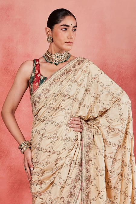 Sue Mue Beige Silk Sequins, Tassels Round Neck Nurul Embroidered Saree With Blouse Online at Aza Fashions Sue Mue_Beige Silk Sequins, Tassels Round Neck Nurul Embroidered Saree With Blouse _Online_at_Aza_Fashions