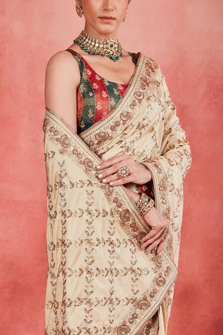 Buy Sue Mue Beige Silk Sequins, Tassels Round Neck Nurul Embroidered Saree With Blouse Online at Aza Fashions Buy_Sue Mue_Beige Silk Sequins, Tassels Round Neck Nurul Embroidered Saree With Blouse _Online_at_Aza_Fashions