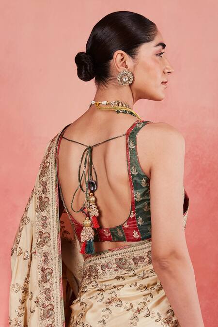 Shop Sue Mue Beige Silk Sequins, Tassels Round Neck Nurul Embroidered Saree With Blouse Online at Aza Fashions Shop_Sue Mue_Beige Silk Sequins, Tassels Round Neck Nurul Embroidered Saree With Blouse _Online_at_Aza_Fashions