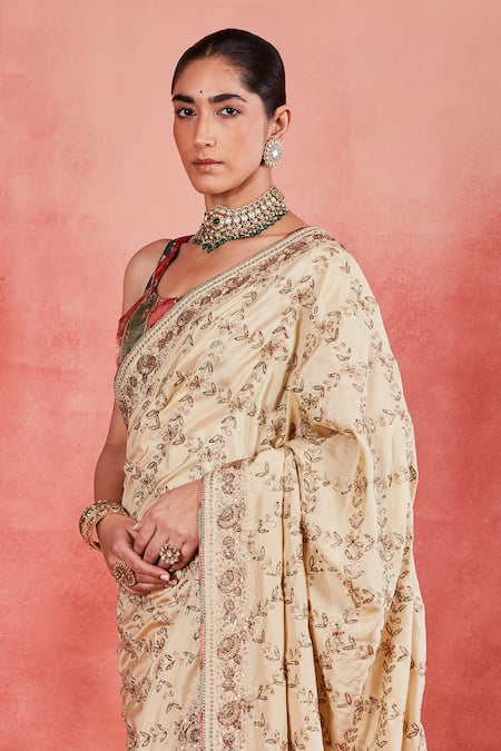 Sue Mue Beige Silk Sequins, Tassels Round Neck Nurul Embroidered Saree With Blouse at Aza Fashions Sue Mue_Beige Silk Sequins, Tassels Round Neck Nurul Embroidered Saree With Blouse _at_Aza_Fashions
