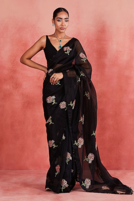 Sue Mue Black Pure Silk Organza Embroidered Patti Adiva Floral Saree With Blouse 