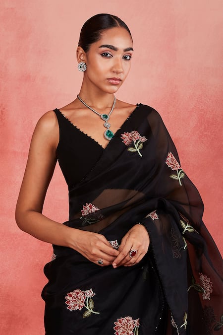 Sue Mue Black Georgette, Silk Organza Zari, Adiva Floral Embroidered Saree With Blouse Online at Aza Fashions Sue Mue_Black Georgette, Silk Organza Zari, Adiva Floral Embroidered Saree With Blouse _Online_at_Aza_Fashions