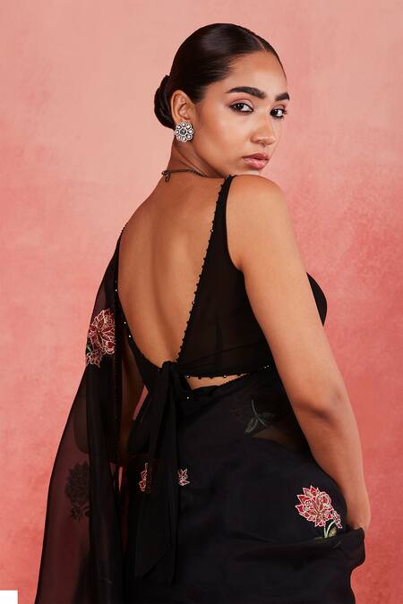 Buy Sue Mue Black Georgette, Silk Organza Zari, Adiva Floral Embroidered Saree With Blouse Online at Aza Fashions Buy_Sue Mue_Black Georgette, Silk Organza Zari, Adiva Floral Embroidered Saree With Blouse _Online_at_Aza_Fashions
