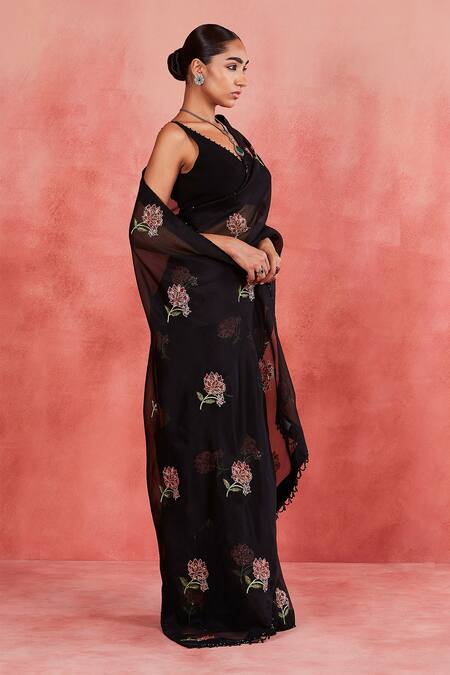 Shop Sue Mue Black Georgette, Silk Organza Zari, Adiva Floral Embroidered Saree With Blouse Online at Aza Fashions Shop_Sue Mue_Black Georgette, Silk Organza Zari, Adiva Floral Embroidered Saree With Blouse _Online_at_Aza_Fashions