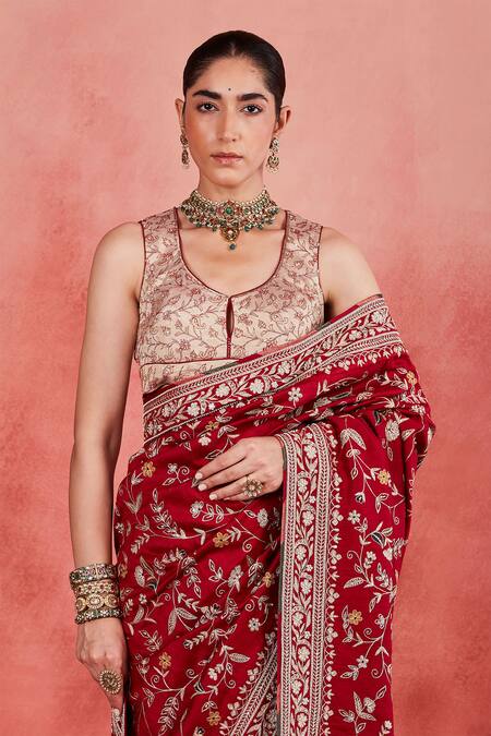 Sue Mue Red Brocade, Silk Embroidery, Pearls, Sequins Masooma Floral Saree With Blouse Online at Aza Fashions Sue Mue_Red Brocade, Silk Embroidery, Pearls, Sequins Masooma Floral Saree With Blouse _Online_at_Aza_Fashions