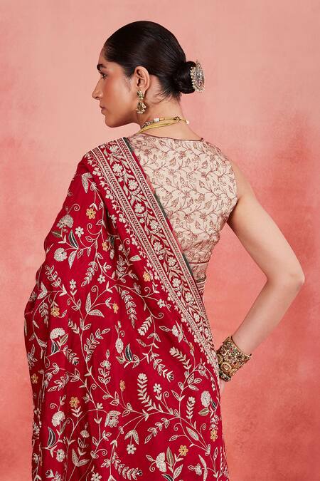 Buy Sue Mue Red Brocade, Silk Embroidery, Pearls, Sequins Masooma Floral Saree With Blouse Online at Aza Fashions Buy_Sue Mue_Red Brocade, Silk Embroidery, Pearls, Sequins Masooma Floral Saree With Blouse _Online_at_Aza_Fashions