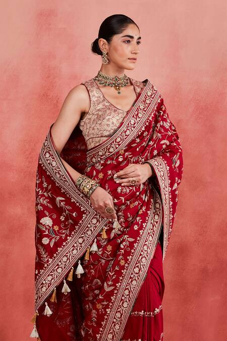 Shop Sue Mue Red Brocade, Silk Embroidery, Pearls, Sequins Masooma Floral Saree With Blouse Online at Aza Fashions Shop_Sue Mue_Red Brocade, Silk Embroidery, Pearls, Sequins Masooma Floral Saree With Blouse _Online_at_Aza_Fashions