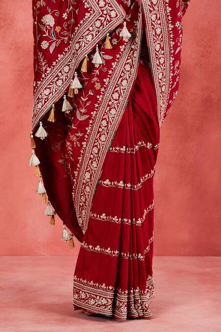 Sue Mue Red Brocade, Silk Embroidery, Pearls, Sequins Masooma Floral Saree With Blouse at Aza Fashions Sue Mue_Red Brocade, Silk Embroidery, Pearls, Sequins Masooma Floral Saree With Blouse _at_Aza_Fashions