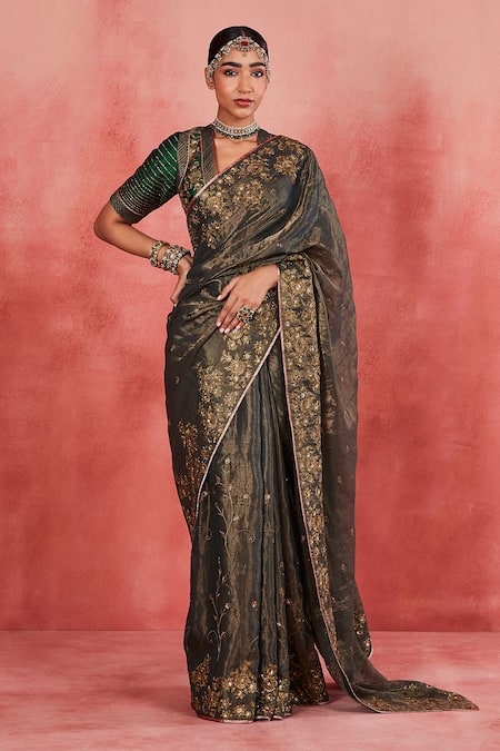 Sue Mue Jaseena Floral Embroidered Saree With Blouse 