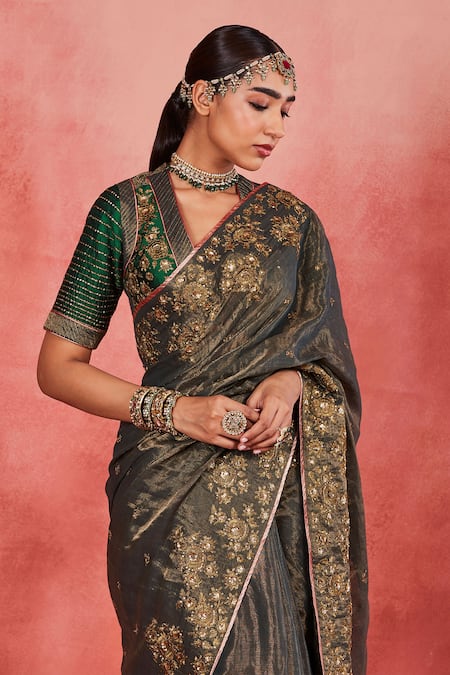 Sue Mue Green Rayon, Silk, Ramie, Handloom Cotton Jaseena Floral Saree With Blouse Online at Aza Fashions Sue Mue_Green Rayon, Silk, Ramie, Handloom Cotton Jaseena Floral Saree With Blouse _Online_at_Aza_Fashions