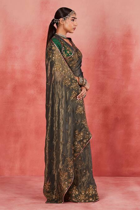 Sue Mue Green Rayon, Silk, Ramie, Handloom Cotton Jaseena Floral Saree With Blouse at Aza Fashions Sue Mue_Green Rayon, Silk, Ramie, Handloom Cotton Jaseena Floral Saree With Blouse _at_Aza_Fashions