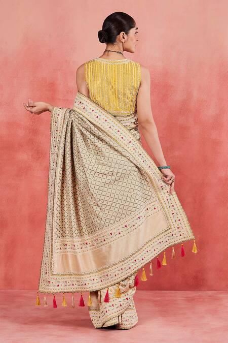 Sue Mue_Beige Silk, Ramie Pearls, Sequins Plunge Maheen Embroidered Saree With Blouse _Online_at_Aza_Fashions